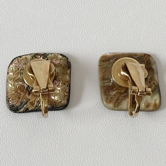 Vintage Abalone Shell Square Abstract Modernist Clip On Earrings Gold Tone - Picture 6 of 9